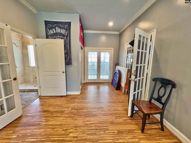541 Georgia St, Columbia, SC 29201 - entryway with french doors, crown molding, baseboards, and wood finished floors