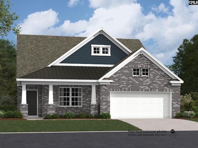 view of front of house featuring driveway, a standing seam roof, a front yard, metal roof, and brick siding
