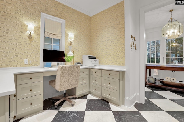 536 Yachting Rd, Lexington, SC 29072 - office space featuring a notable chandelier, built in desk, crown molding, wallpapered walls, and baseboards