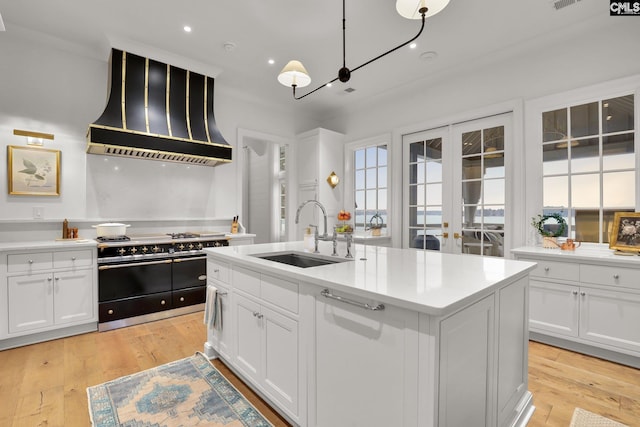 536 Yachting Rd, Lexington, SC 29072 - kitchen featuring premium range hood, light wood-type flooring, a sink, double oven range, and white cabinetry