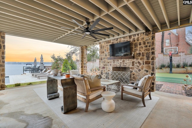 536 Yachting Rd, Lexington, SC 29072 - view of patio / terrace featuring a ceiling fan and an outdoor living space with a fireplace
