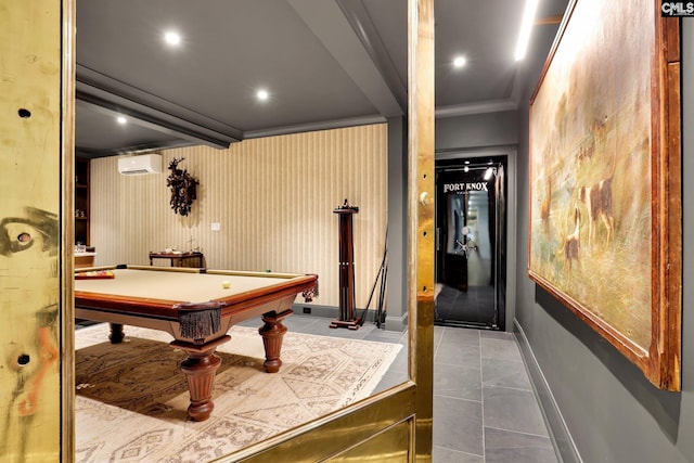 536 Yachting Rd, Lexington, SC 29072 - recreation room with tile patterned floors, an AC wall unit, ornamental molding, billiards, and baseboards