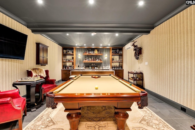 536 Yachting Rd, Lexington, SC 29072 - recreation room featuring beam ceiling, billiards, a wall unit AC, wallpapered walls, and a dry bar