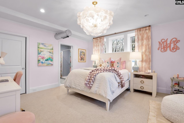 536 Yachting Rd, Lexington, SC 29072 - bedroom featuring baseboards, recessed lighting, crown molding, a notable chandelier, and light colored carpet
