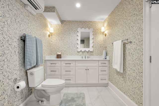 536 Yachting Rd, Lexington, SC 29072 - bathroom featuring vanity, a wall unit AC, baseboards, wallpapered walls, and toilet
