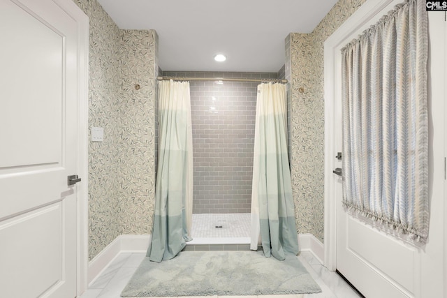 536 Yachting Rd, Lexington, SC 29072 - bathroom with recessed lighting, baseboards, a shower stall, and wallpapered walls