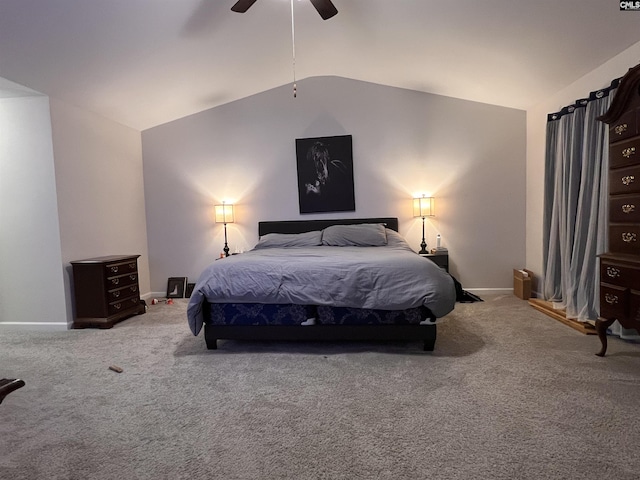bedroom with carpet flooring, ceiling fan, baseboards, and lofted ceiling