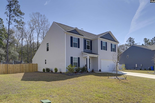 traditional-style home featuring driveway, fence, board and batten siding, a front yard, and a garage
