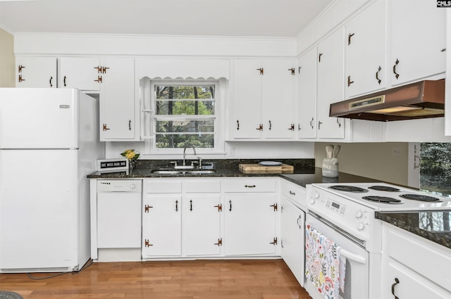 1632 Romain Dr, Columbia, SC 29210 - kitchen with under cabinet range hood, a sink, white appliances, light wood-style floors, and white cabinets