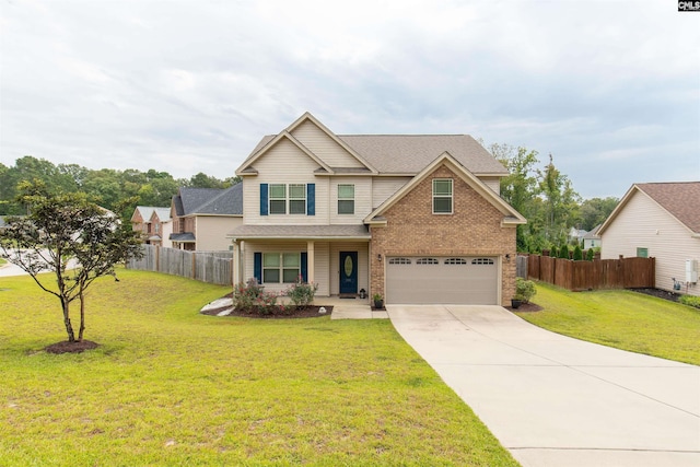 view of front of home with brick siding, an attached garage, a front lawn, fence, and driveway
