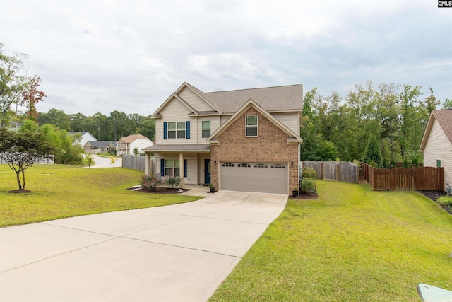 view of front of home featuring fence, driveway, a front lawn, a garage, and brick siding