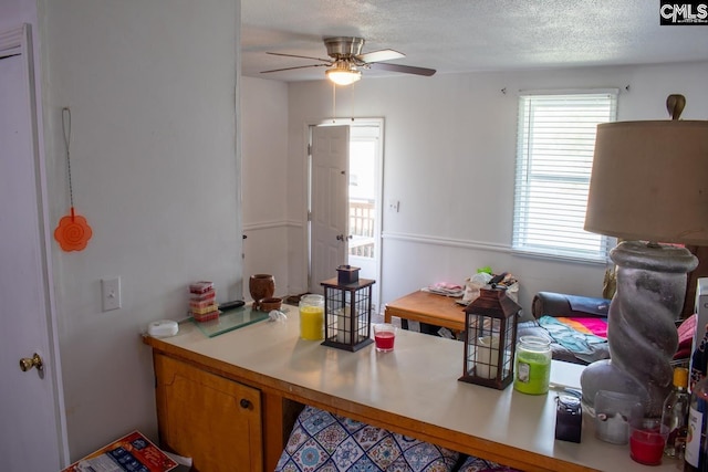 212/210 Nash Rd, Bishopville, SC 29010 - kitchen featuring brown cabinetry, a textured ceiling, light countertops, and ceiling fan