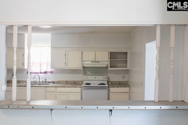 212/210 Nash Rd, Bishopville, SC 29010 - kitchen featuring light countertops, white electric range, under cabinet range hood, and a sink