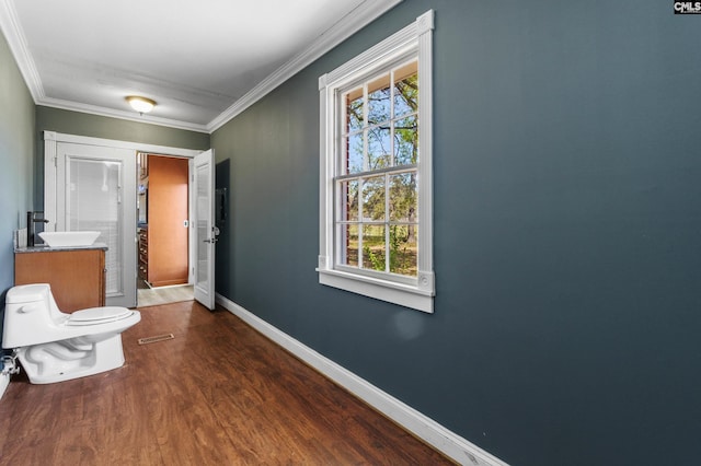 corridor with a sink, ornamental molding, baseboards, and a healthy amount of sunlight
