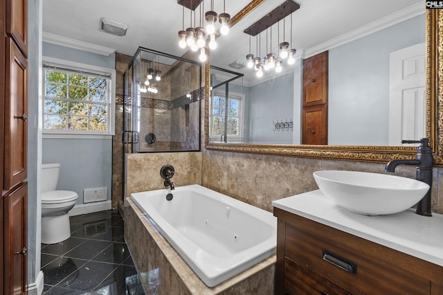 bathroom with a shower stall, a notable chandelier, crown molding, and a jetted tub