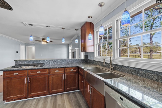 kitchen featuring crown molding, a sink, appliances with stainless steel finishes, a peninsula, and ceiling fan