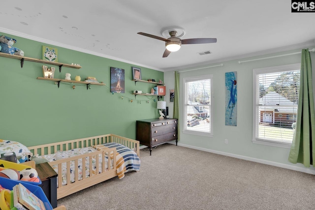 538 Wateroak Trl, Chapin, SC 29036 - bedroom featuring ornamental molding, baseboards, carpet floors, ceiling fan, and visible vents