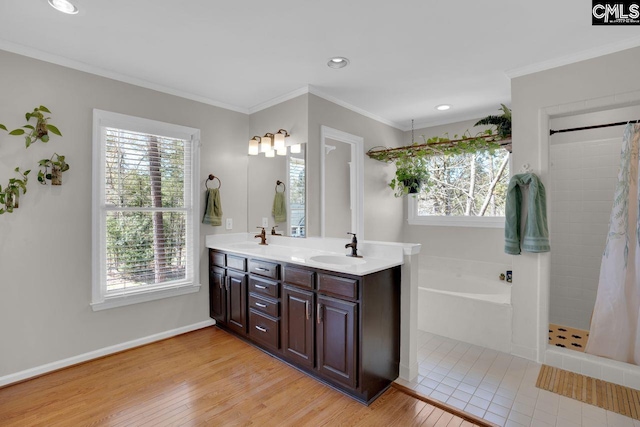 538 Wateroak Trl, Chapin, SC 29036 - bathroom featuring double vanity, ornamental molding, wood finished floors, a sink, and a garden tub
