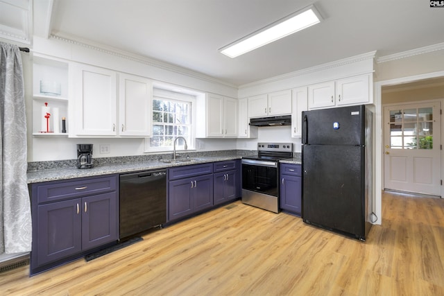 kitchen featuring white cabinetry, blue cabinetry, under cabinet range hood, a sink, and black appliances