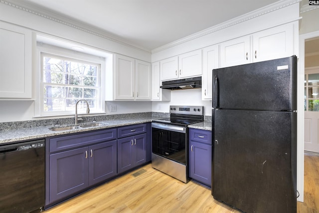 kitchen featuring a sink, white cabinets, under cabinet range hood, black appliances, and blue cabinetry