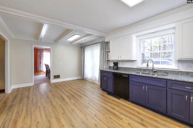 kitchen with a sink, open shelves, light wood-type flooring, black dishwasher, and white cabinets
