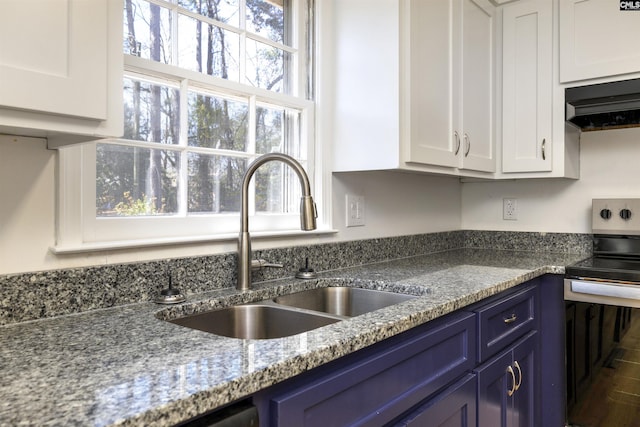 kitchen featuring white cabinets, a sink, blue cabinetry, and stainless steel electric range