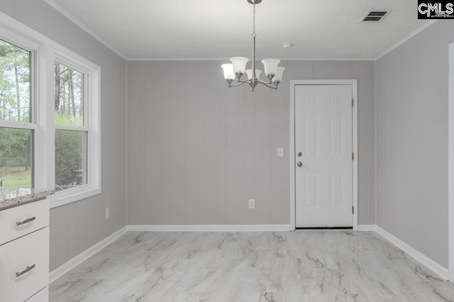 4104 Candlelite Dr, Columbia, SC 29209 - unfurnished dining area featuring baseboards, visible vents, crown molding, and a chandelier