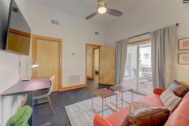 home office with visible vents and a ceiling fan