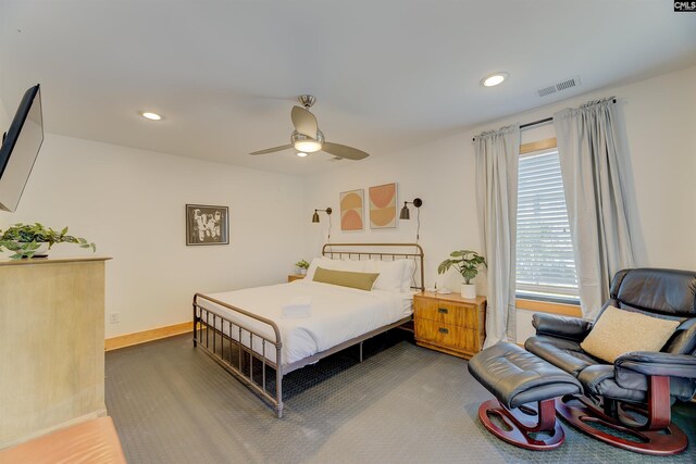 bedroom featuring baseboards, visible vents, recessed lighting, and a ceiling fan