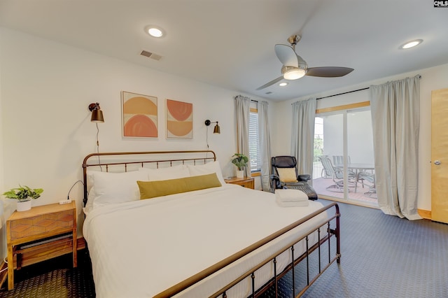 carpeted bedroom featuring visible vents, ceiling fan, recessed lighting, and access to outside