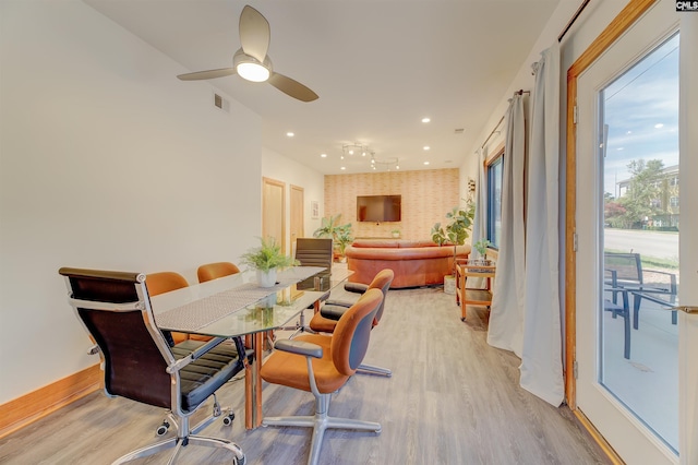 dining area with a ceiling fan, light wood-style flooring, recessed lighting, and visible vents