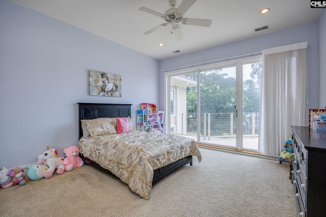 bedroom featuring visible vents, carpet, ceiling fan, access to outside, and recessed lighting