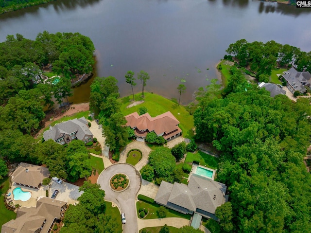 birds eye view of property with a residential view and a water view