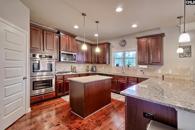 kitchen with dark wood-type flooring, light stone countertops, a sink, and stainless steel appliances