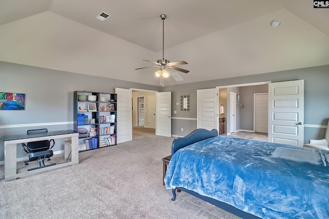 bedroom with carpet floors, lofted ceiling, baseboards, visible vents, and ceiling fan