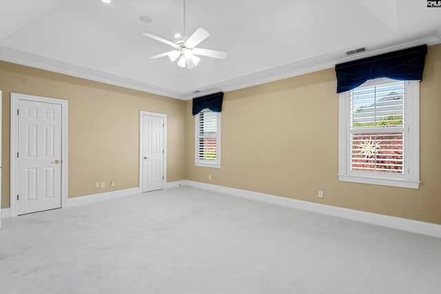 unfurnished room featuring a tray ceiling, visible vents, light carpet, and a healthy amount of sunlight
