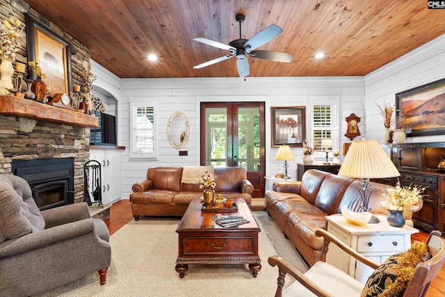 178 Pomaria St, Little Mountain, SC 29075 - living area with wooden ceiling, wood finished floors, a stone fireplace, ceiling fan, and recessed lighting