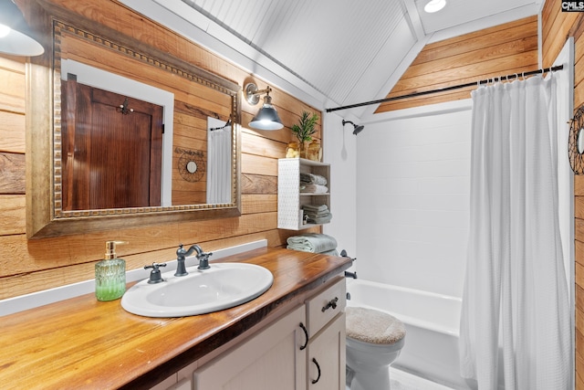 178 Pomaria St, Little Mountain, SC 29075 - full bathroom featuring vanity, vaulted ceiling, shower / tub combo, toilet, and wooden walls