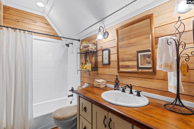 178 Pomaria St, Little Mountain, SC 29075 - full bath featuring toilet, vanity, wooden walls, lofted ceiling, and shower / bath combination with curtain