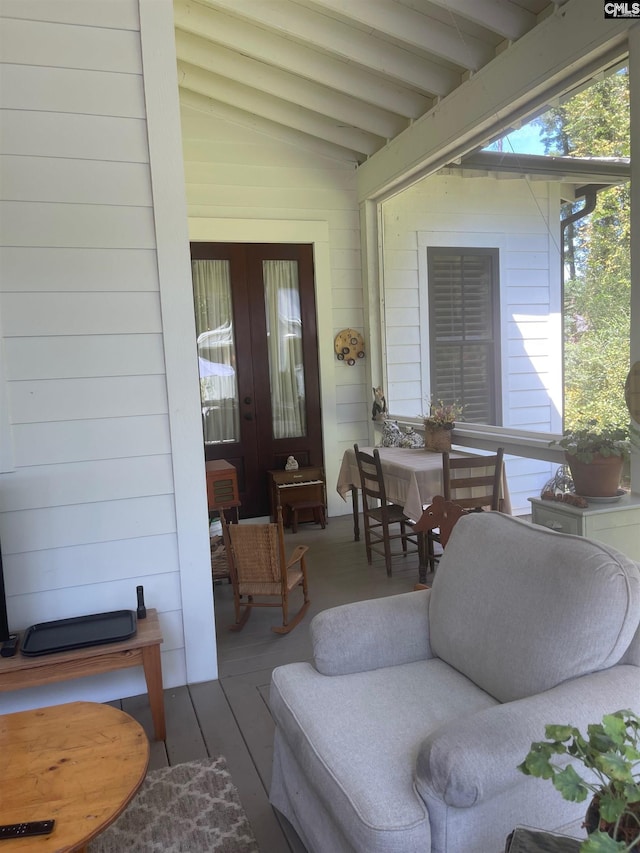 178 Pomaria St, Little Mountain, SC 29075 - exterior space featuring lofted ceiling with beams, wood walls, and wood finished floors