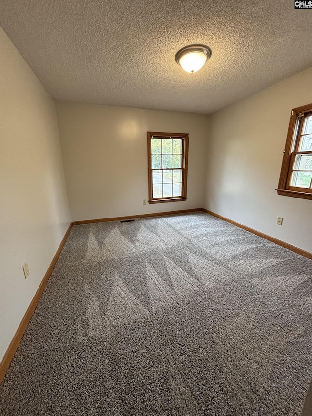 carpeted spare room with plenty of natural light, baseboards, and a textured ceiling