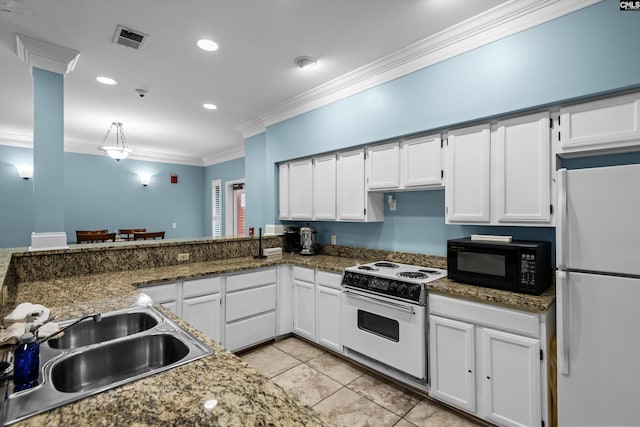 900 Taylor St Unit 201, Columbia, SC 29201 - kitchen featuring crown molding, a sink, white appliances, white cabinets, and visible vents