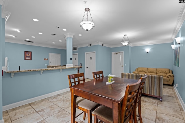 900 Taylor St Unit 201, Columbia, SC 29201 - dining space featuring light tile patterned floors, visible vents, baseboards, recessed lighting, and ornamental molding