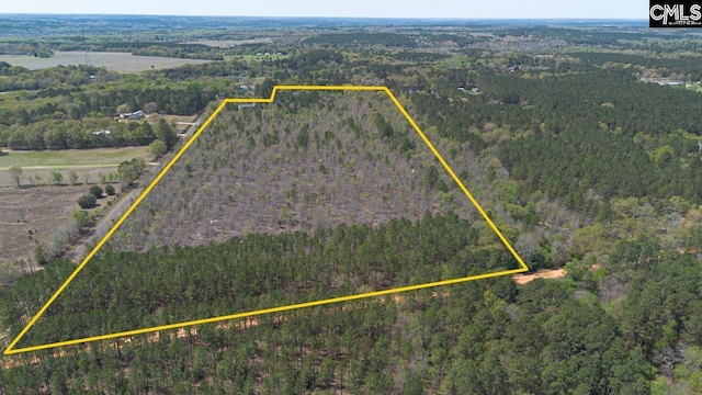 drone / aerial view with a wooded view