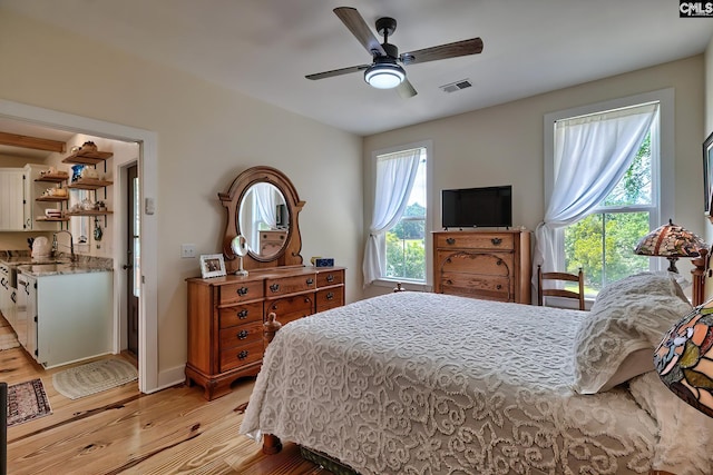 bedroom with visible vents, light wood-style flooring, and ceiling fan