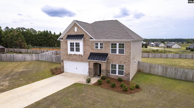 view of front facade with driveway, brick siding, fence, and an attached garage