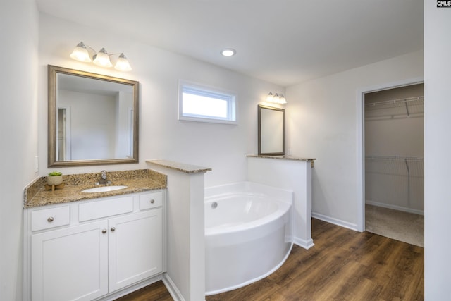 bathroom with a bath, baseboards, wood finished floors, vanity, and a spacious closet