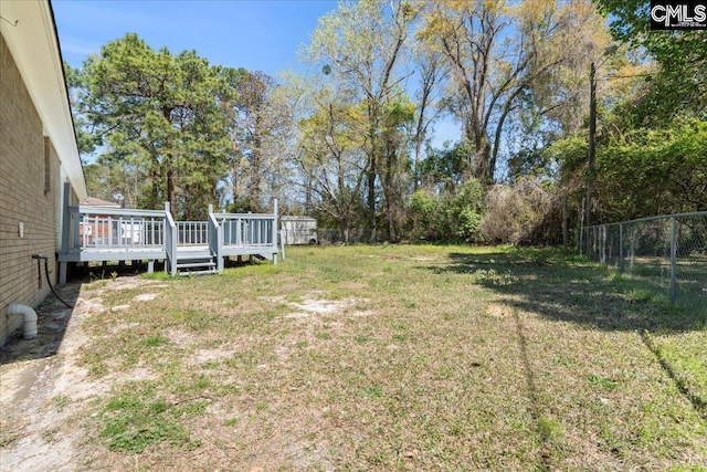 view of yard featuring a deck and fence