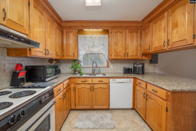 2008 Arnett Dr, Camden, SC 29020 - kitchen featuring dishwasher, under cabinet range hood, black microwave, a sink, and stove