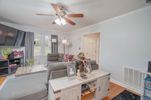 2008 Arnett Dr, Camden, SC 29020 - living area featuring crown molding, a ceiling fan, light wood finished floors, baseboards, and visible vents